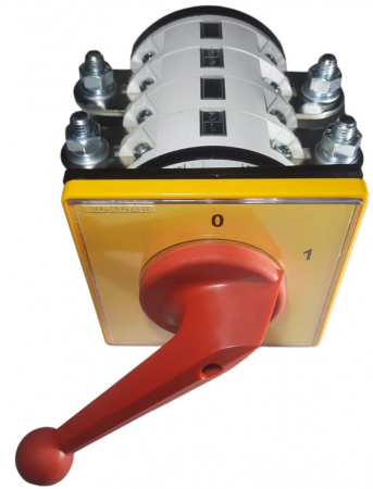 Intrerupator industrial cu came incastrabil Koncar ON-OFF 3P 400A 0-1 IP40 cu placa galbena de urgenta 132x132mm si maner rosu [1]