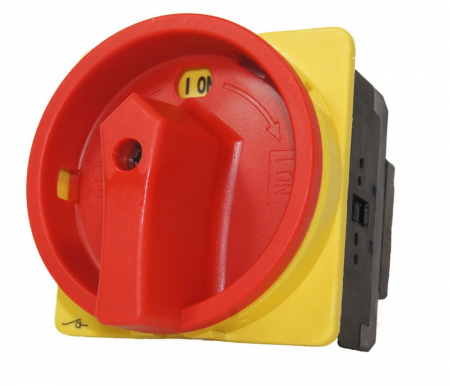 Aparataj tablouri electrice - Intrerupator principal 100A 3 poli 37kW de urgenta incastrat cu placa galbena frontala 88x88mm
