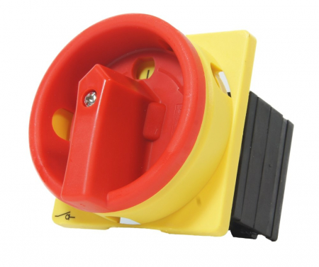 Intrerupatoare pentru tablouri electrice - Intrerupator principal 32A 3 poli 7.5kW de urgenta incastrat cu placa galbena frontala 66x66mm