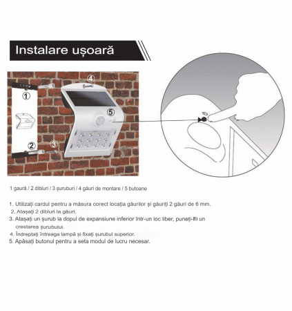 Lampă solară LED BUTTERFLY 1.5W 220lm 4000K albă de perete IP65 detectare 90° la maxim 6 metri [18]