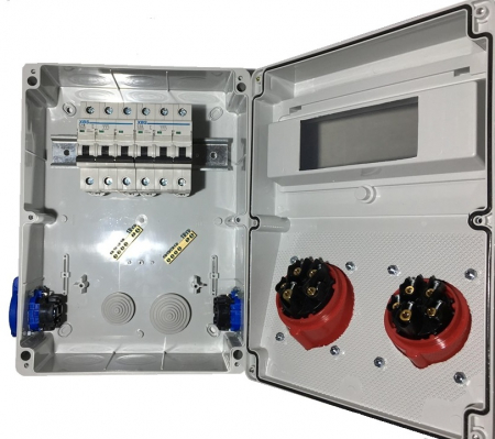 Tablou echipat cu 10 module 1 priza 5 poli 16A 1 priza 5 poli 32A si 2 prize monofazice 16A industrial IP44 organizare de santier [1]
