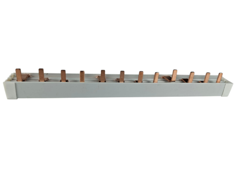 Aparataj tablouri electrice - Pieptene busbar tip pin 4 poli (3x4 module) 12 module 80A  210mm 16mm² pentru conexiuni electrice in sigurante L1, L2, L3, N, izolata