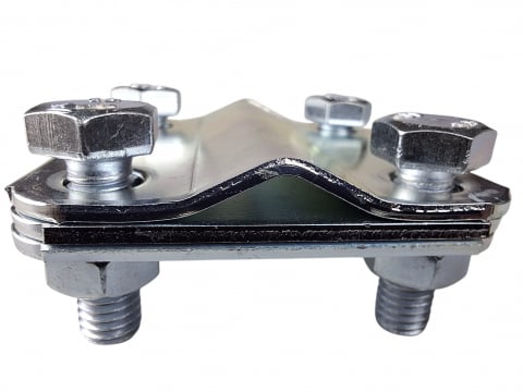Accesorii electrice - Piesa de legatura 58x58mm in cruce, platbanda (30mm) si conductor Ø 8-12mm, clema galvanizata (FeZn) cu 4 suruburi M8x25