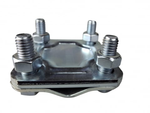Piesa de legatura 58x58mm in cruce, platbanda (30mm) si conductor Ø 8-12mm, clema galvanizata (FeZn) cu 4 suruburi M8x25 [5]