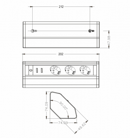 Prelungitor grup 3 prize schuko si 2 USB 2.1A pentru colt montaj pe blat sau birou 16A 3680W 230V cablu 1.8 metri 3G1.5 [1]