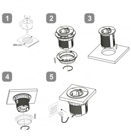 Priză incastrabilă, sistem conector rotund încorporat pentru birou cu încărcător USB-C 250VAC 16A cablu 1,8m [2]