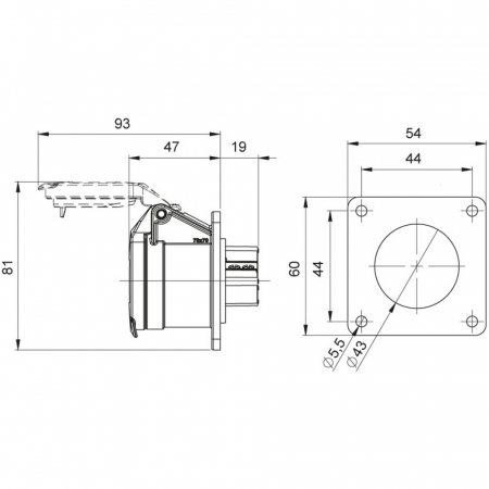 Priza industriala 2 poli 24V 16A incastrabila 60x54mm IP54 [2]