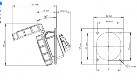 Priza monofazica incastrabila 3 poli 2P+E 32A 230V AC 50/60Hz IP67 [3]