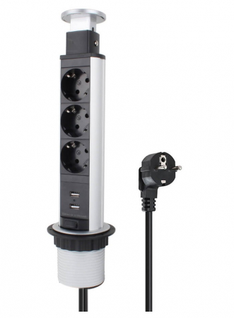 Priză schuko încastrabilă în blat de birou sau bucătărie, 3 posturi 220-240VAC 16A + 2 prize USB cablu 1.8m, pop-up [1]