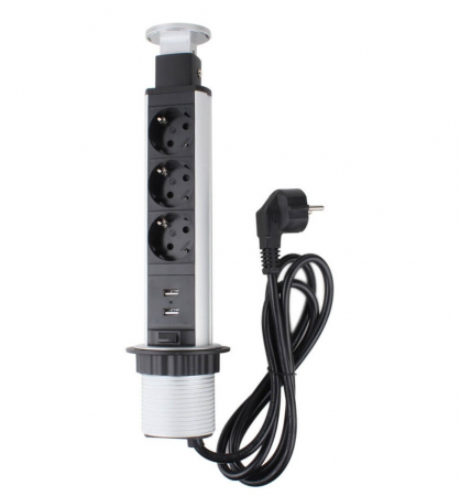Priză schuko încastrabilă în blat de birou sau bucătărie, 3 posturi 220-240VAC 16A + 2 prize USB cablu 1.8m, pop-up