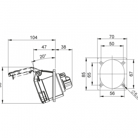 Priza trifazica  4 poli 16A 3P+E 6h incastrata oblica ST CEE 380V IP44 70x85mm [1]