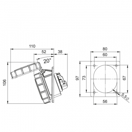 Priza trifazica 4 poli 16A 3P+E 6h incastrata oblica ST CEE 380V IP67 97x80mm [1]