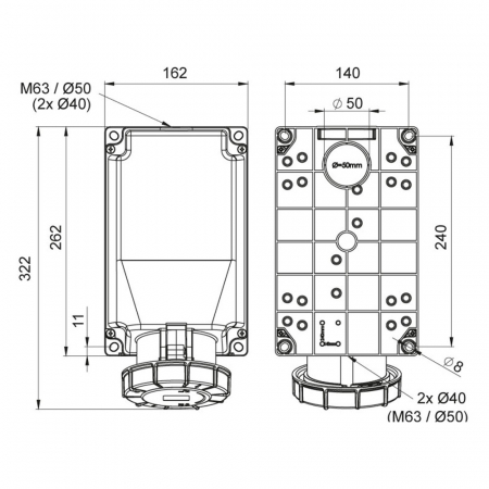Priza trifazica aplicata 5 poli 125A 3P+N+E 6h CEE 380V IP67 [1]