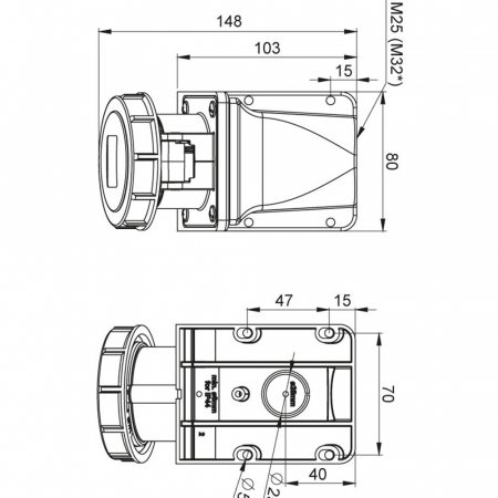 Priza trifazica aplicata 5 poli 16A 3P+N+E 6h CEE 380V IP67 [1]