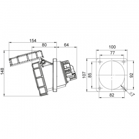 Priza trifazica incastrabila oblica 4 poli 63A 3P+E 6h CEE 380V IP67 107x100mm [1]