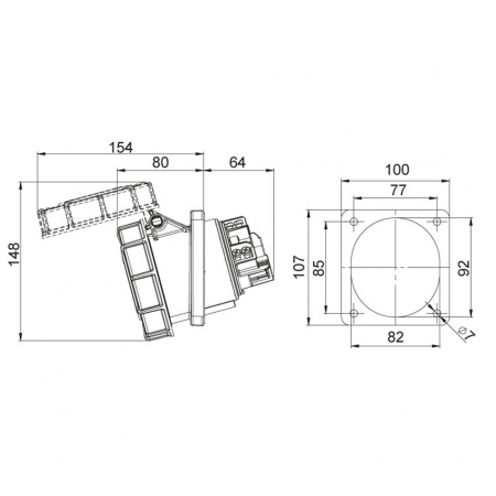 Priza trifazica incastrabila oblica 5 poli 63A 3P+N+E 6h CEE 380V IP67 107x100mm [1]