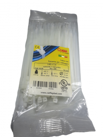 Accesorii electrice - Set 100 buc colier cablu 140x3.6mm din plastic alb Cobra 9130