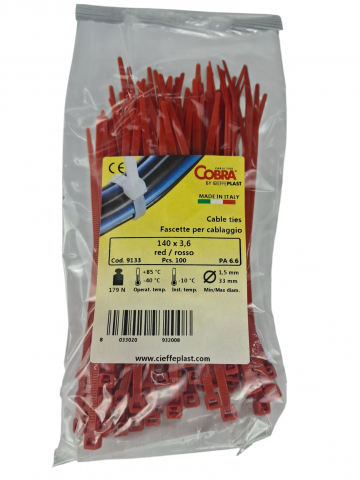 Accesorii electrice - Set 100 buc colier cablu 140x3.6mm din plastic rosu Cobra 9133