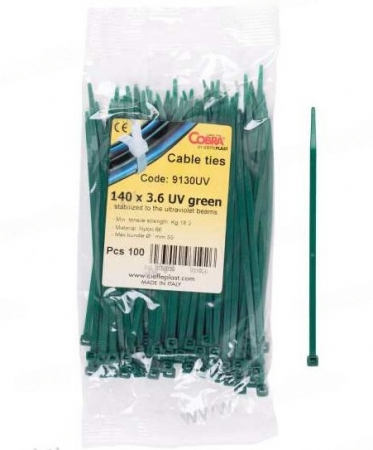 Accesorii electrice - Set 100 buc colier cablu verzi foarte rezistent la UV 140x3,6 pentru aplicații în aer liber COBRA 9130UV
