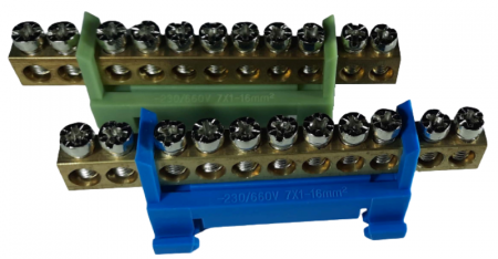 Cleme pe sina DIN - Set cleme bloc terminal barete pentru impamantare si nul albastra si verde pe sina 11 gauri max 16mm2 63A