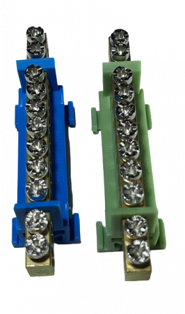 Set cleme bloc terminal barete pentru impamantare si nul albastra si verde pe sina 11 gauri max 16mm2 63A [1]