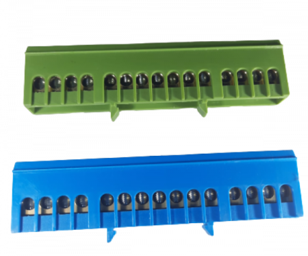 Cleme pe sina DIN - Set cleme bloc terminal barete pentru impamantare si nul albastra si verde pe sina 15 gauri max 16mm2 63A izolate
