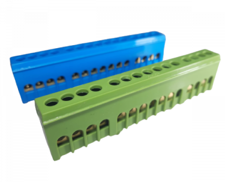 Set cleme bloc terminal barete pentru impamantare si nul albastra si verde pe sina 15 gauri max 16mm2 63A izolate [1]