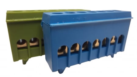 Set cleme bloc terminal barete pentru impamantare si nul albastra si verde pe sina 7 gauri max 16mm² 63A izolate [1]