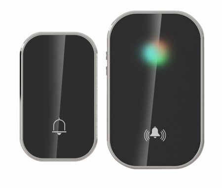 Sonerie fără fir și fără baterie 1 transmițător - comutator cinetic (1 buton) și 1 receptor negru ( 1 sonerie) la priză , IP44
