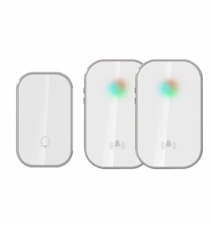 Accesorii electrice - Sonerie fără fir și fără baterie 1 transmițător - comutator cinetic (1 buton) și 2 receptoare albe ( 2 sonerii) la priză , IP44