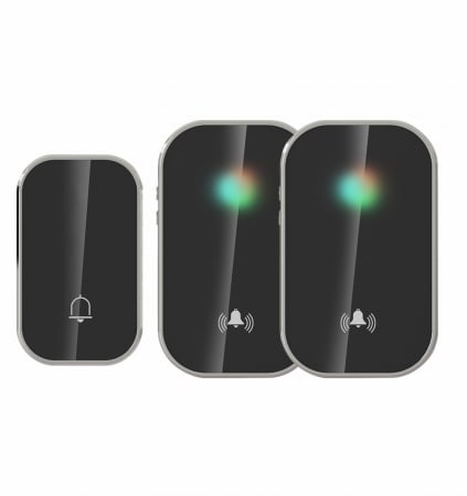 Accesorii electrice - Sonerie fără fir și fără baterie 1 transmițător - comutator cinetic (1 buton) și 2 receptoare negre ( 2 sonerii) la priză , IP44