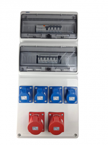 Produse noi - Tablou de distributie 32 module 685x330mm precablat echipat 2 prize 5 poli 3P+N+E 32A si 4 prize monofazice industriale 3 poli 16A 230V, cu protectie diferentiala