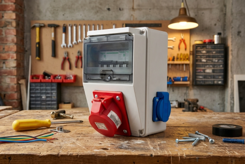 Tablou electric 7 module 218x149mm echipat cu o priza trifazica 16A 3P+N+E si 2 prize monofazice schuko 16A precablat, cu sigurante SCHNEIDER, organizare de santier, distributie IP44 [6]