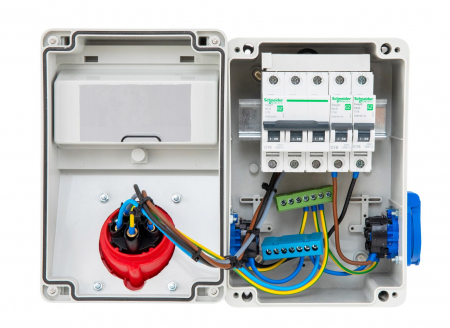 Tablou electric echipat cu o priza trifazica 32A 3P+N+E (legaturi cu MYF / H07V-K 4mm² ), 2 prize monofazice schuko 16A (legaturi cu MYF / H07V-K 2.5mm² ) precablat, cu sigurante Schneider IP44 [5]