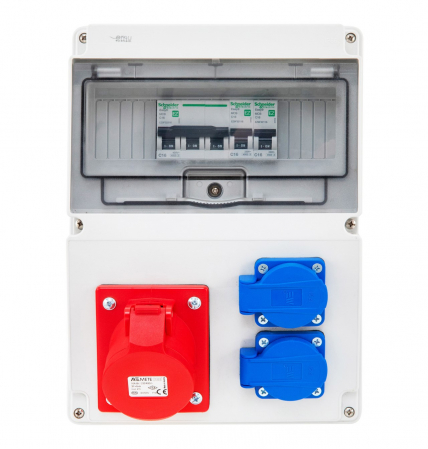 Tablouri electrice - Tablou electric echipat cu o priza trifazica 32A 3P+N+E (legaturi cu fir MYF / H07V-K 4mm² ) si 2 prize monofazice schuko 16A (legaturi cu fir MYF / H07V-K 2.5mm² ) precablat, cu sigurante SCHNEIDER