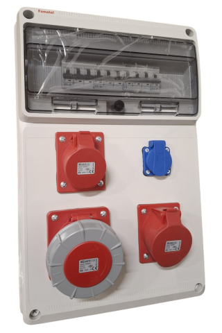 Tablou electric de distributie echipat cu 3 prize, 5 poli 16A(1 buc), 5 poli 32A (1 buc), 5 poli 63A ( 1 buc) si o priza monofazica schuko si sigurante plastic, precablat IP44 [3]