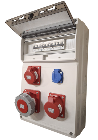 Tablou electric de distributie echipat cu 3 prize, 5 poli 16A(1 buc), 5 poli 32A (1 buc), 5 poli 63A ( 1 buc) si o priza monofazica schuko si sigurante plastic, precablat IP44 [2]