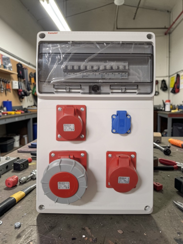 Tablou electric de distributie echipat cu 3 prize, 5 poli 16A(1 buc), 5 poli 32A (1 buc), 5 poli 63A ( 1 buc) si o priza monofazica schuko si sigurante plastic, precablat IP44 [4]