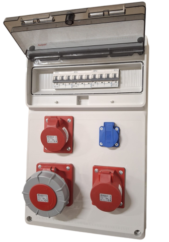 Tablou electric de distributie echipat cu 3 prize, 5 poli 16A(1 buc), 5 poli 32A (1 buc), 5 poli 63A ( 1 buc) si o priza monofazica schuko si sigurante plastic, precablat IP44 [1]