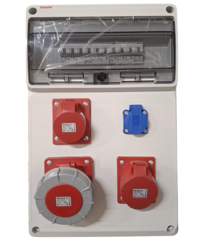 Produse noi - Tablou electric de distributie echipat cu 3 prize, 5 poli 16A(1 buc), 5 poli 32A (1 buc), 5 poli 63A ( 1 buc) si o priza monofazica schuko si sigurante plastic, precablat IP44