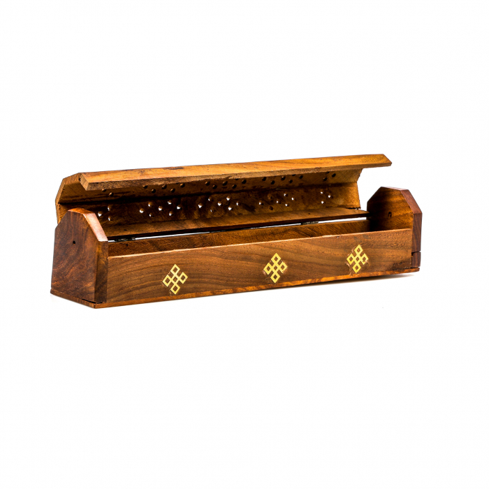 Cutie lemn pentru betisoare si conuri parfumate maro cu simbol [6]