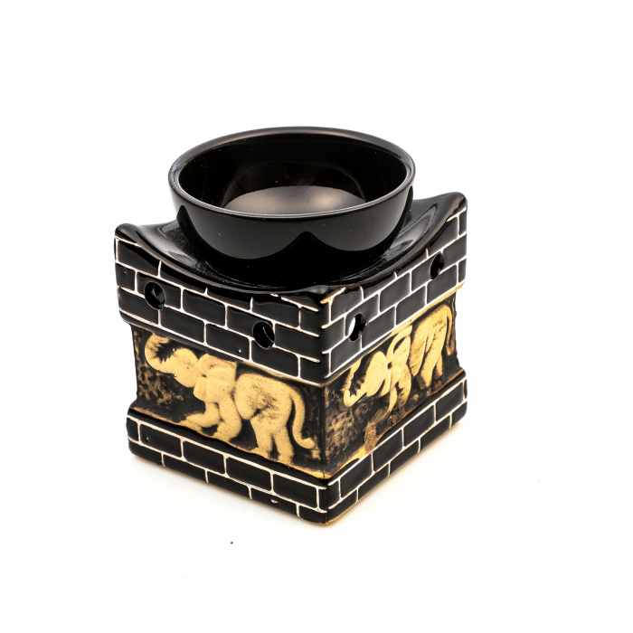 Vas ceramic negru pentru ulei esential, cu elefant si model din caramizi [9]