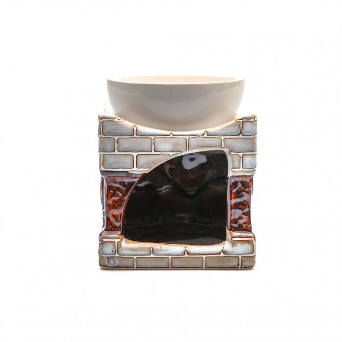 Vas ceramic alb cu maro pentru ulei esential, cu elefant si model din caramizi [2]