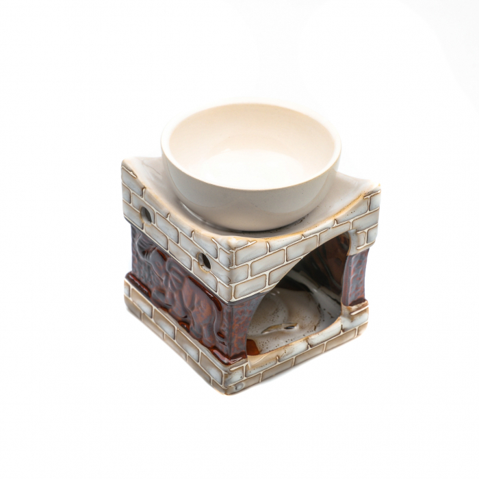 Vas ceramic alb cu maro pentru ulei esential, cu elefant si model din caramizi [5]
