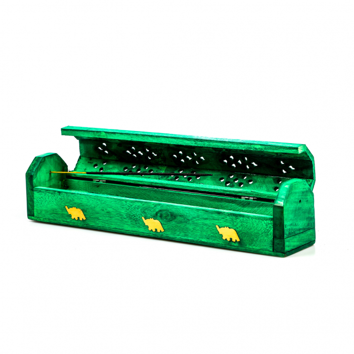 Cutie lemn pentru betisoare si conuri parfumate verde cu elefant [7]