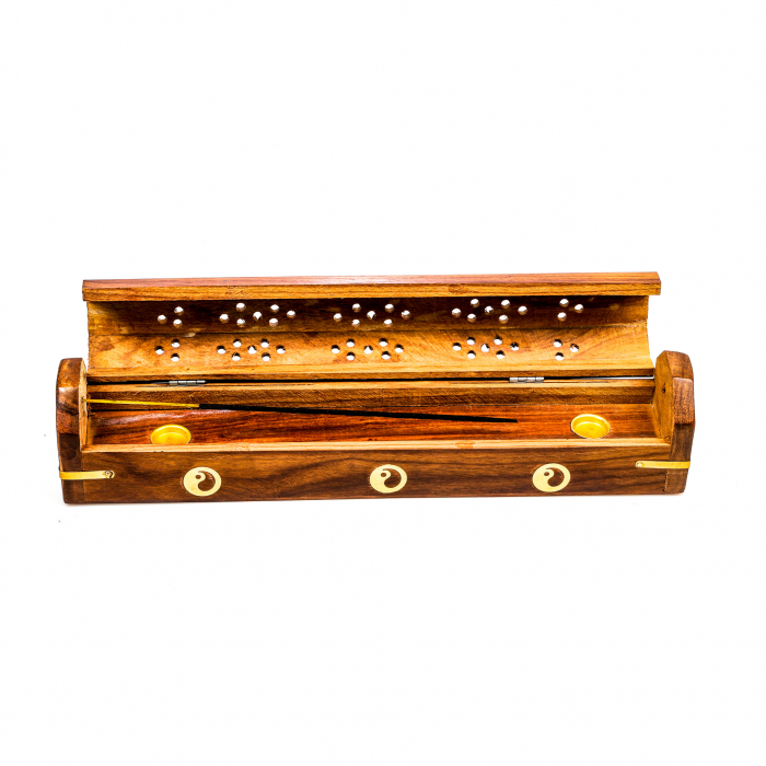 Cutie lemn pentru betisoare si conuri parfumate maro cu yin yang [6]