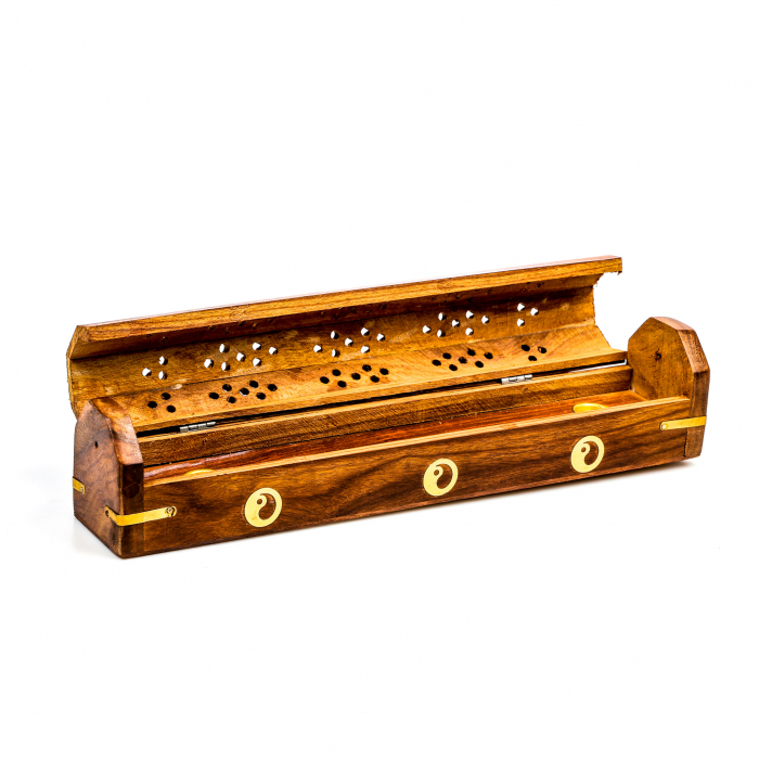 Cutie lemn pentru betisoare si conuri parfumate maro cu yin yang [4]