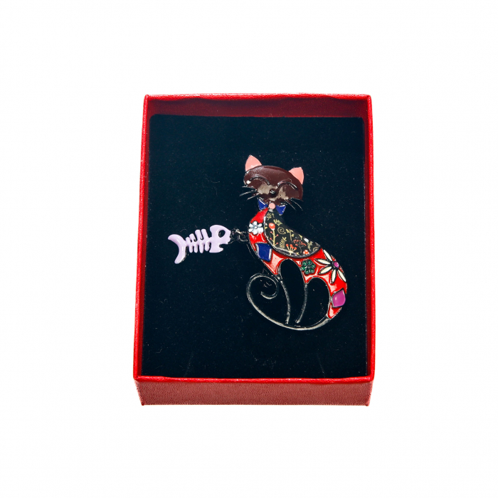 Brosa medie cu pisicuta rosie stilizata cu pestisor [2]