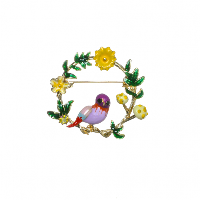 Brosa medie eleganta cu o pasarica, ramuri si floricele [1]