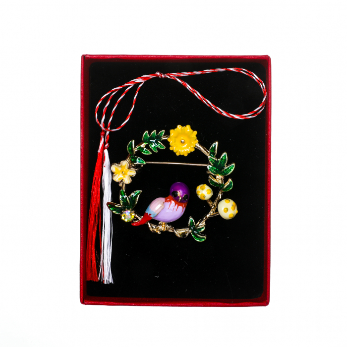 Brosa medie eleganta cu o pasarica, ramuri si floricele [3]